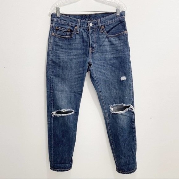 Women's 501 T Distressed Tapered Jeans Button Fly High Waist Mom Jeans 29 - Picture 2 of 12